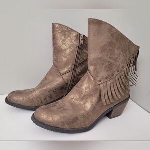 Stevies Ankle Boots Women's Size 6 Bronze Faux Leather Fringed Zip